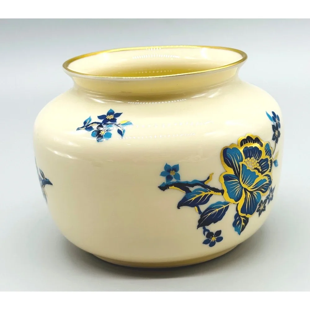 Lenox Pagoda Vase Cream Blue Gold Floral Chinoiserie Round Pot‎ Belly USA